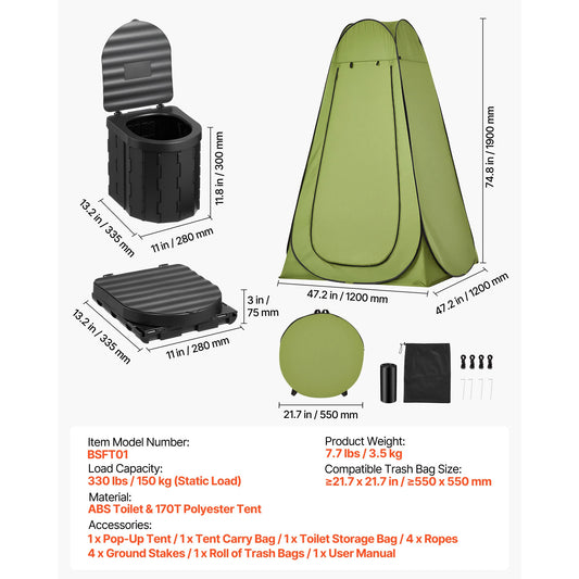 SucceBuy Portable Toilet Kit 330 lbs Load Capacity with Pop-Up Tent Outdoor Travel Potty Suitable for RV Travel Camping Hiking