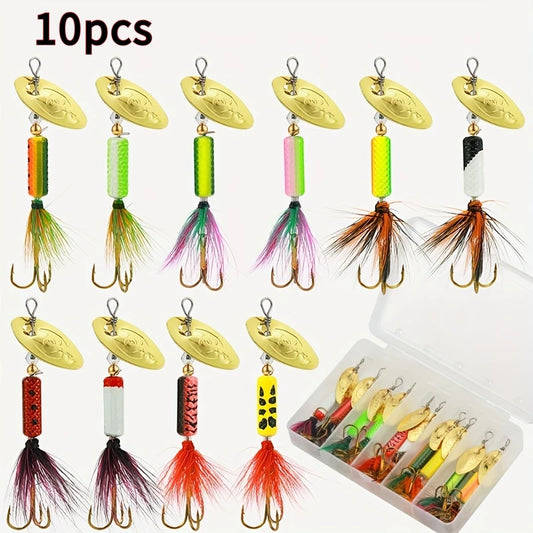 10 Piece Fishing Spinner Lure Set With Feather Hook