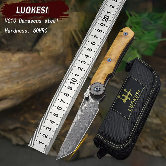 VG10 Damascus Steel Folding Knife with Camphor Wood Handle