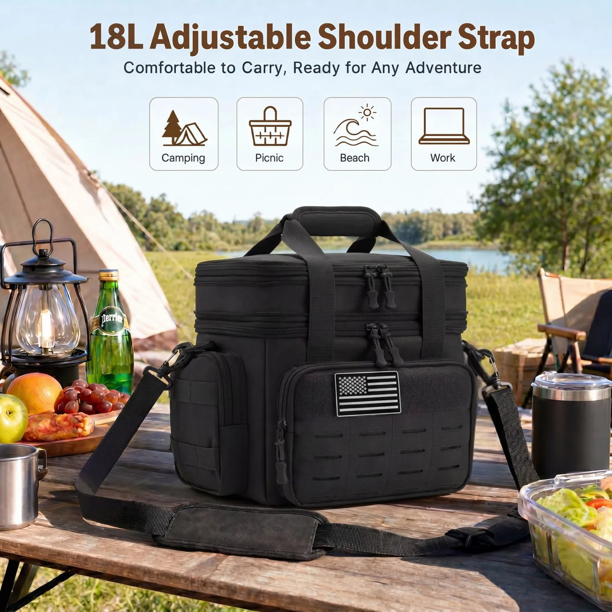 18L Insulated Picnic Cooler Bag Tactical Expandable Leakproof Thermal Bag for Men Women Family Outdoor Camping Beach Park BBQ Travel Large Capacity Heavy Duty Food Drink Cooler Tote Day Trip Tailgate Adults Reusable Shoulder