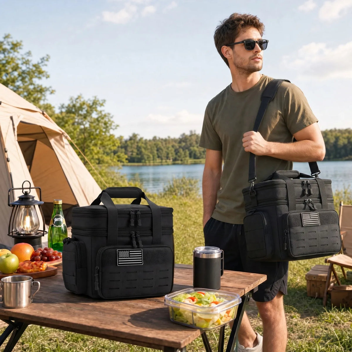 18L Insulated Picnic Cooler Bag Tactical Expandable Leakproof Thermal Bag for Men Women Family Outdoor Camping Beach Park BBQ Travel Large Capacity Heavy Duty Food Drink Cooler Tote Day Trip Tailgate Adults Reusable Shoulder