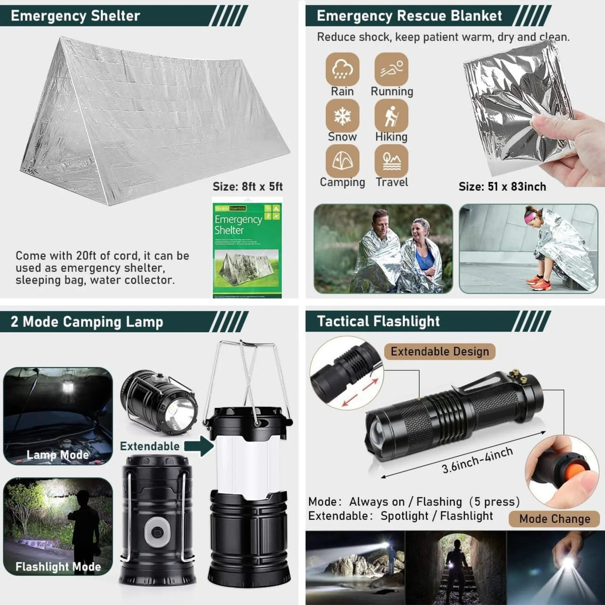 Survival Gear Kit With First Aid Supplies And Bag